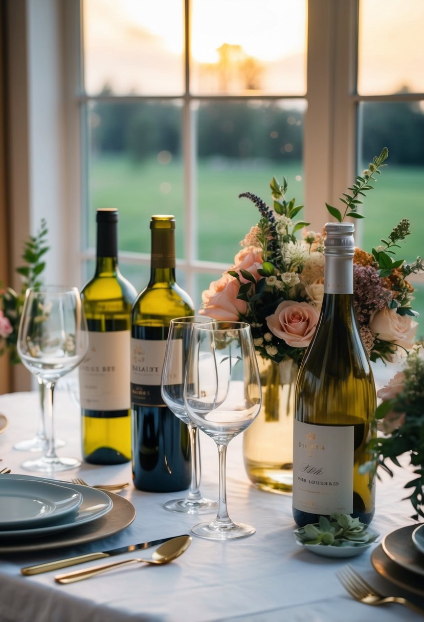 A table set with various wine bottles, glasses, and floral arrangements, with soft evening sunlight streaming through a window