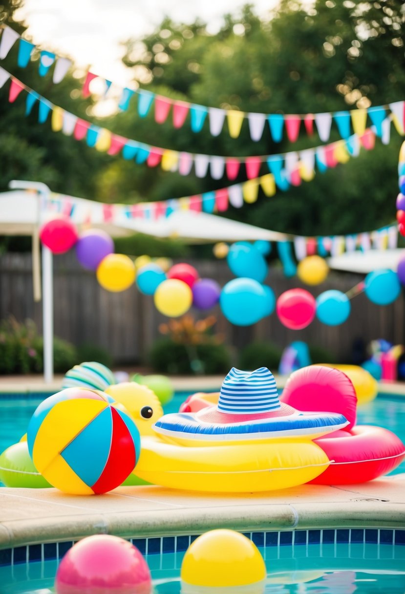 A poolside party with colorful floats and summer wedding shower decorations