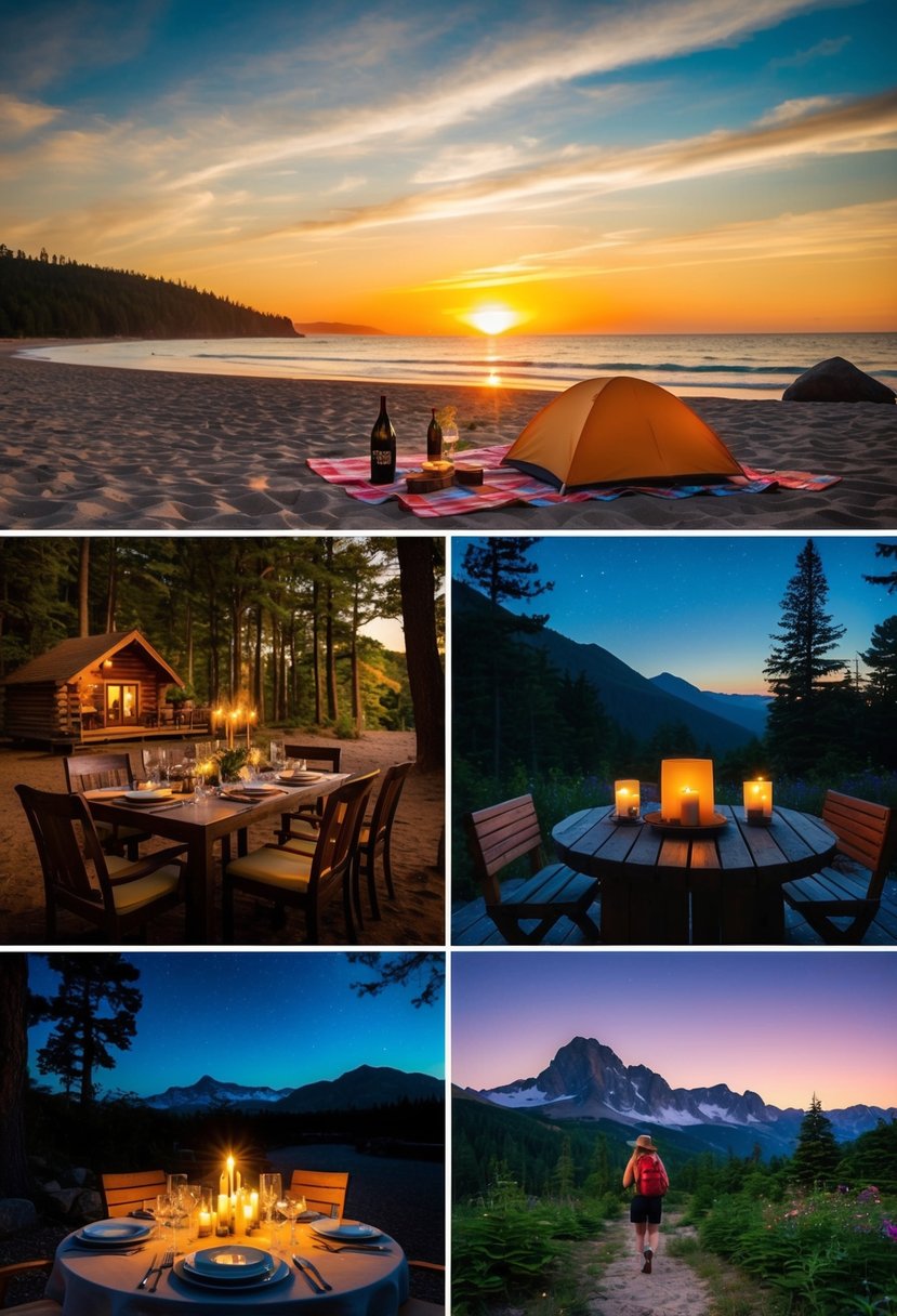 A sunset beach picnic, a cozy cabin in the woods, a candlelit dinner under the stars, and a scenic mountain hike