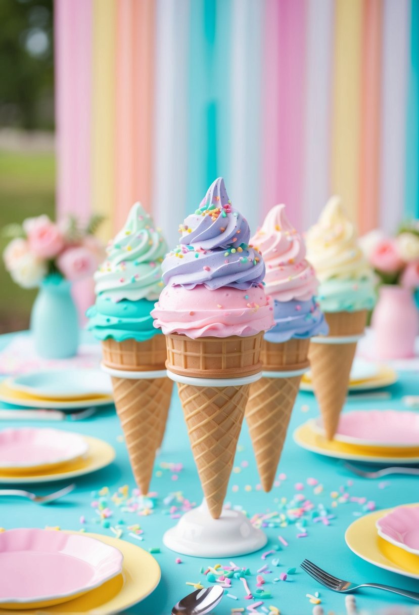 A whimsical ice cream themed table setting with pastel colors, sprinkles, and waffle cone accents for a summer wedding shower