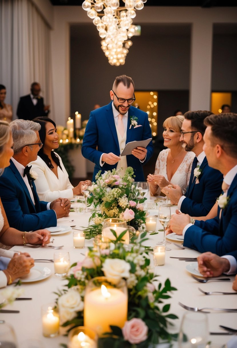 A group of diverse loved ones share heartfelt marriage advice at a wedding reception, surrounded by soft candlelight and blooming flowers