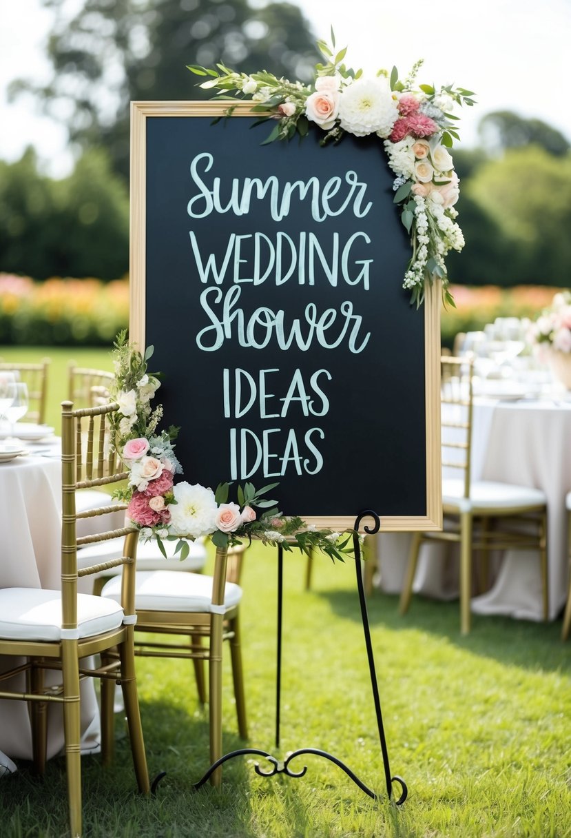 A chalkboard sign displays summer wedding shower ideas with floral decorations and elegant table settings