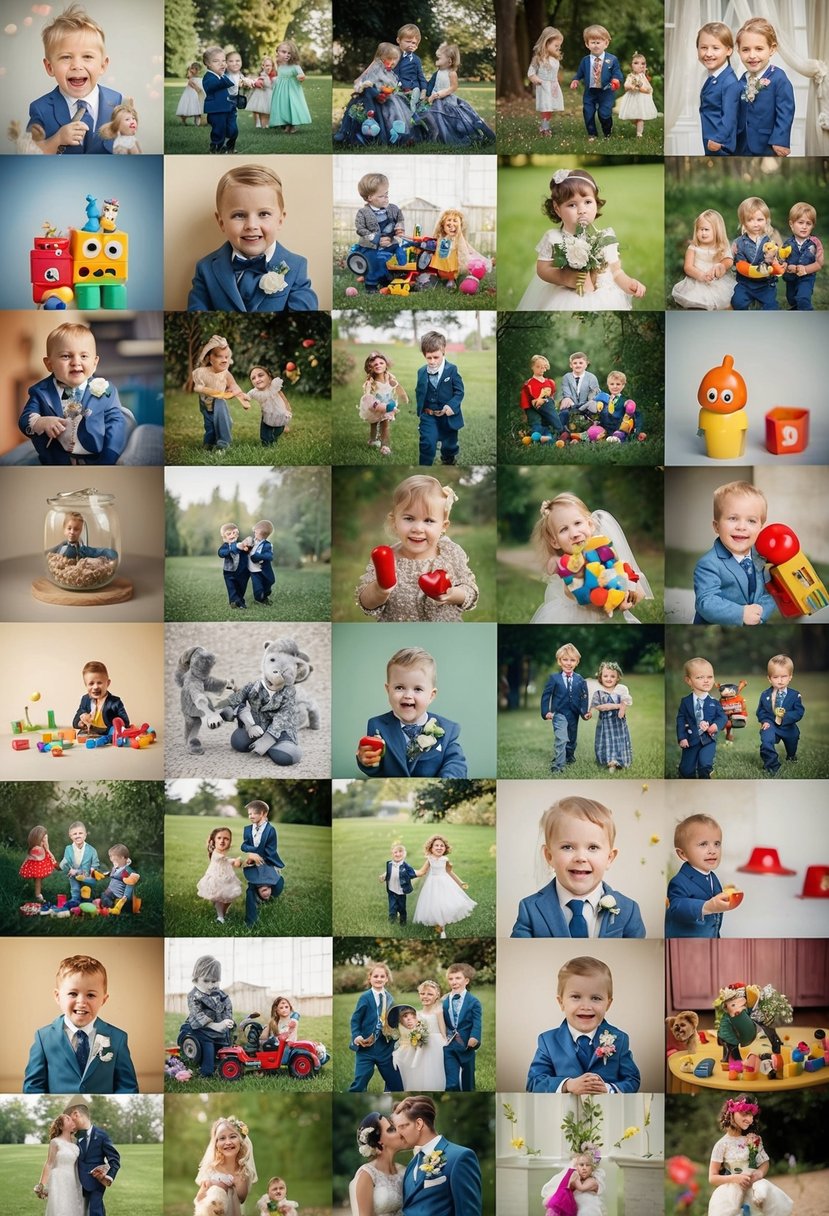 A collage of childhood photos, toys, and playful elements arranged in a whimsical wedding slideshow