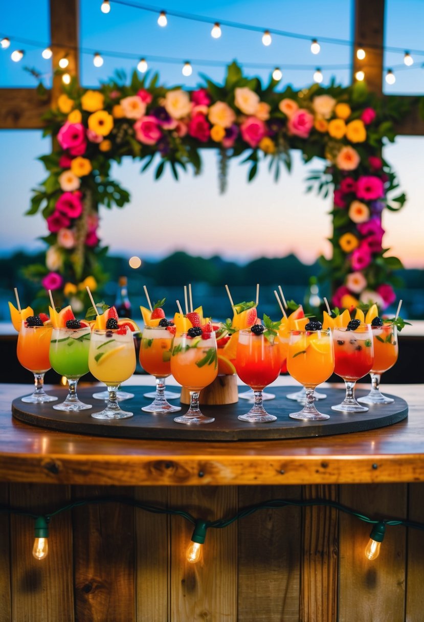 A colorful array of custom cocktails and fresh fruit garnishes displayed on a rustic wooden bar, surrounded by vibrant summer floral arrangements and twinkling string lights