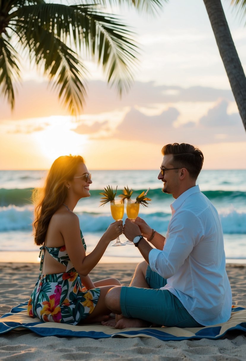 A couple sitting on a beach at sunset, toasting with tropical drinks, surrounded by palm trees and the sound of crashing waves