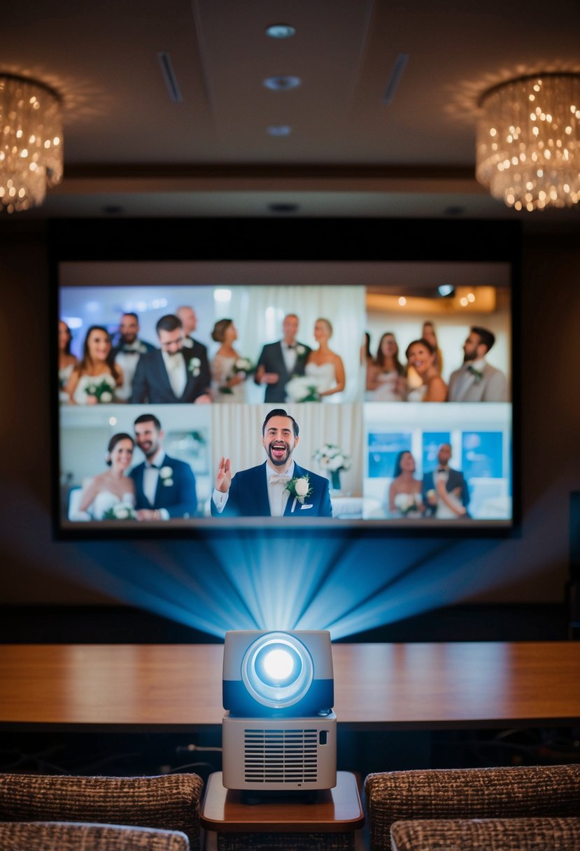 A projector displays funny wedding video clips to a laughing audience