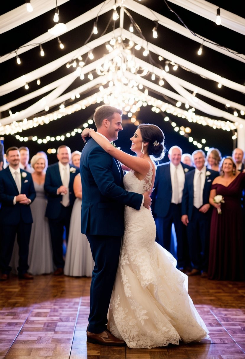 A bride and groom dance under twinkling lights, surrounded by their loved ones, as their first dance song fills the air