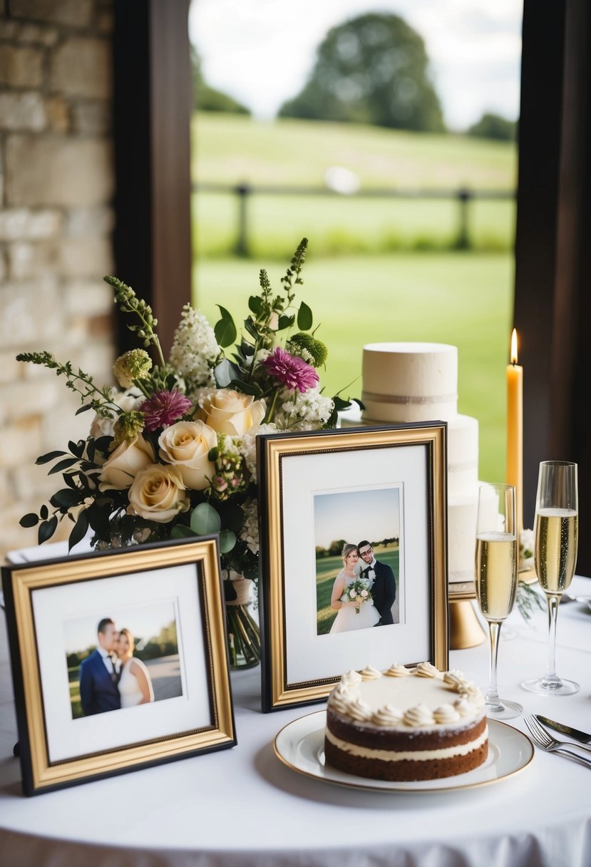 A table adorned with framed photos, flowers, and candles. A wedding cake and champagne glasses sit nearby