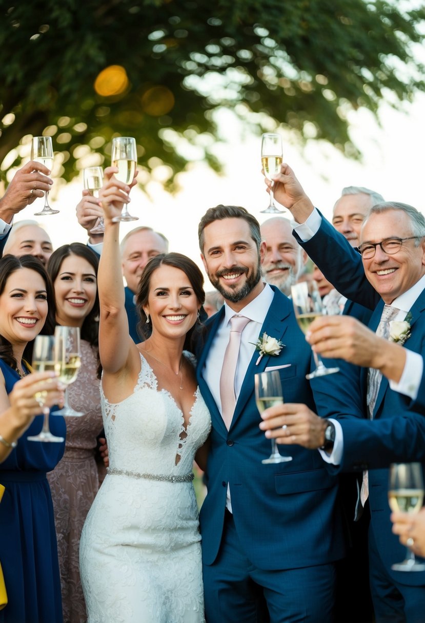 A couple surrounded by family and friends, all smiling and raising their glasses in celebration