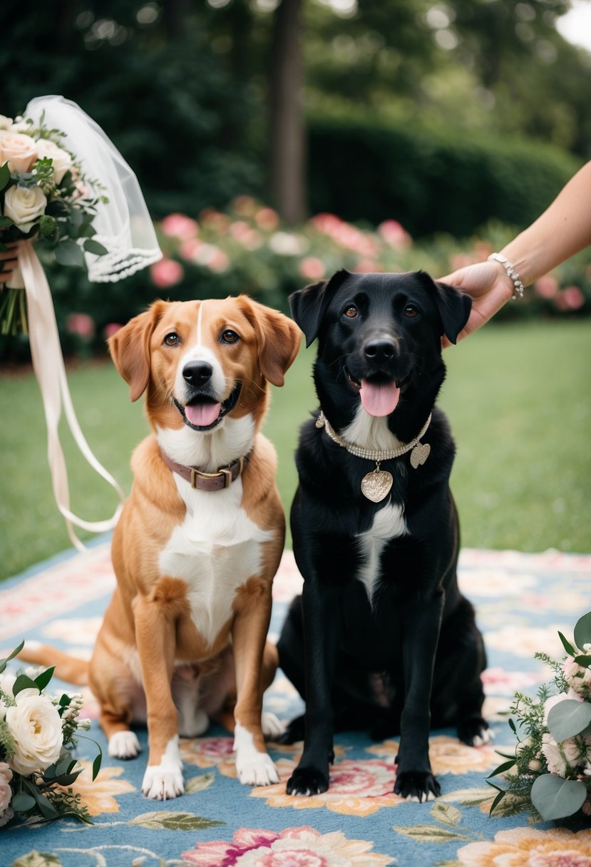 A couple's pet dog and cat sitting together on a floral rug, surrounded by wedding memorabilia like a veil and bouquet