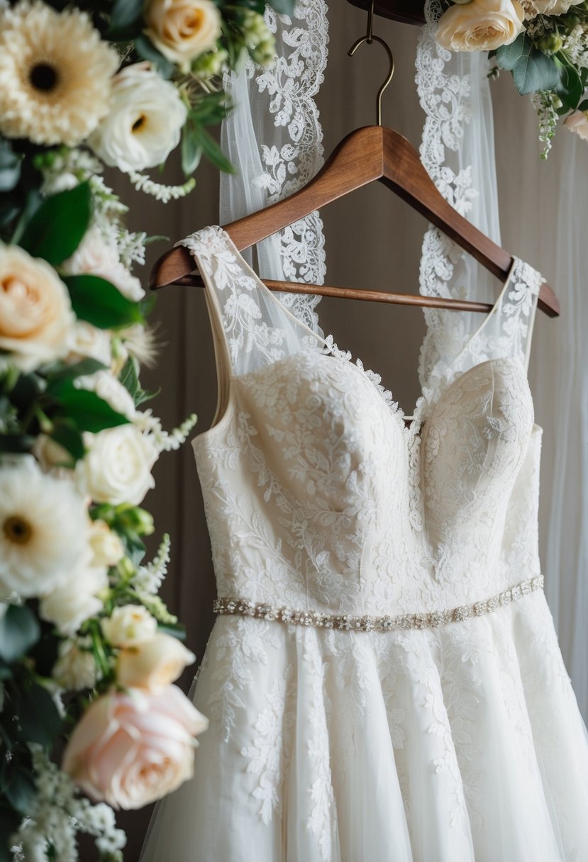 A wedding dress hanging on a vintage wooden hanger, surrounded by delicate lace fabric and floral embellishments