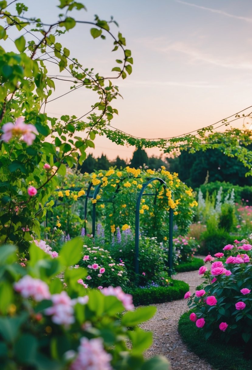 A lush garden with blooming flowers and winding vines, set against a soft sunset sky