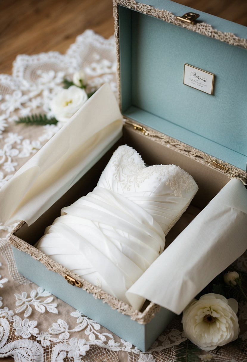 A wedding dress carefully wrapped in tissue paper and stored in a decorative box, surrounded by delicate lace and floral details