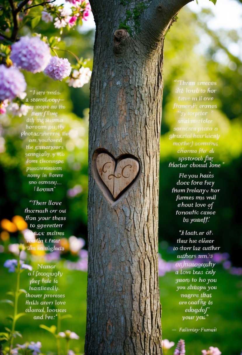 A serene garden with blooming flowers and a couple's initials carved in a tree, surrounded by romantic quotes from famous authors about love