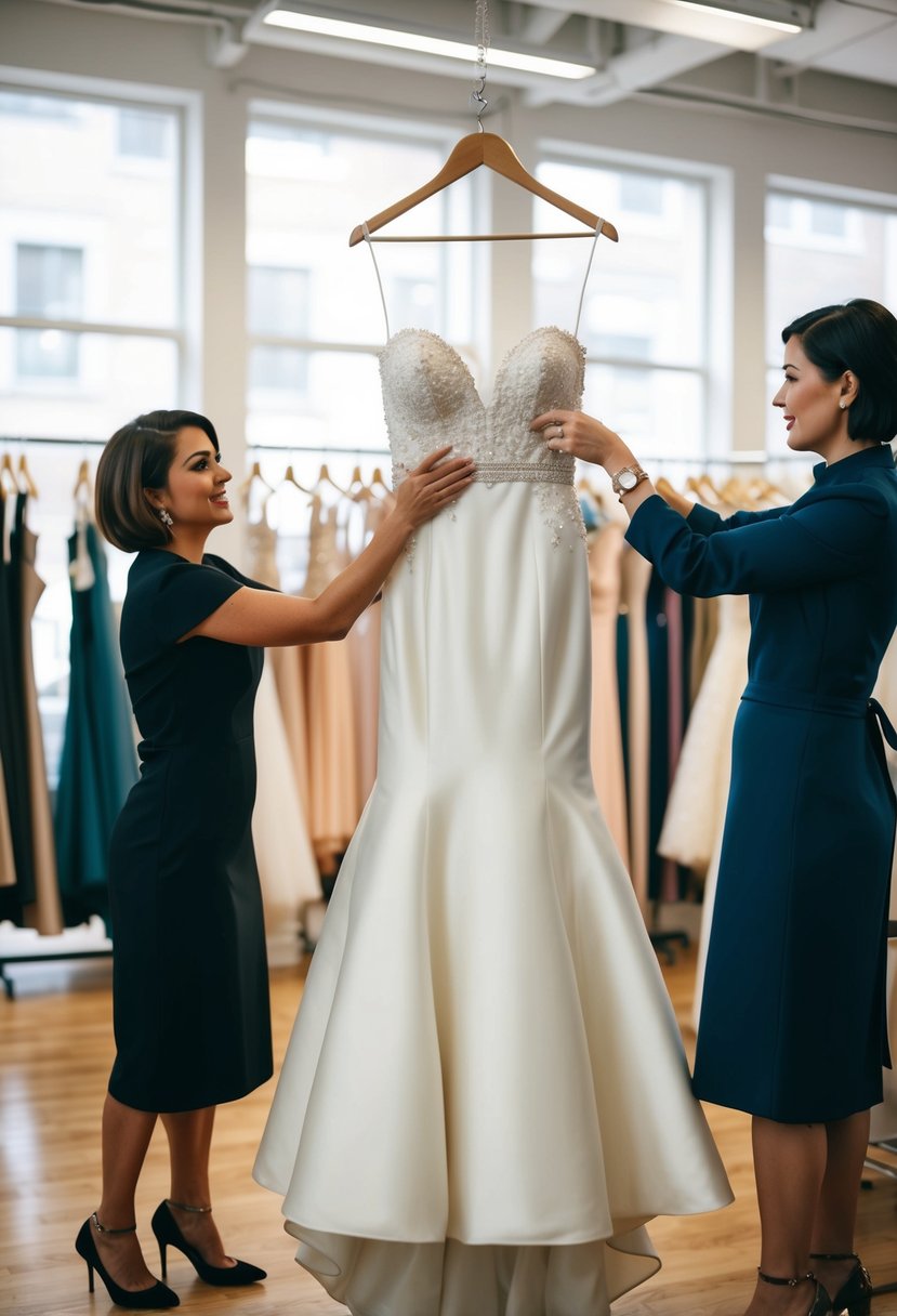 A wedding dress being transformed into a sleek cocktail dress by a designer at a bustling fashion atelier