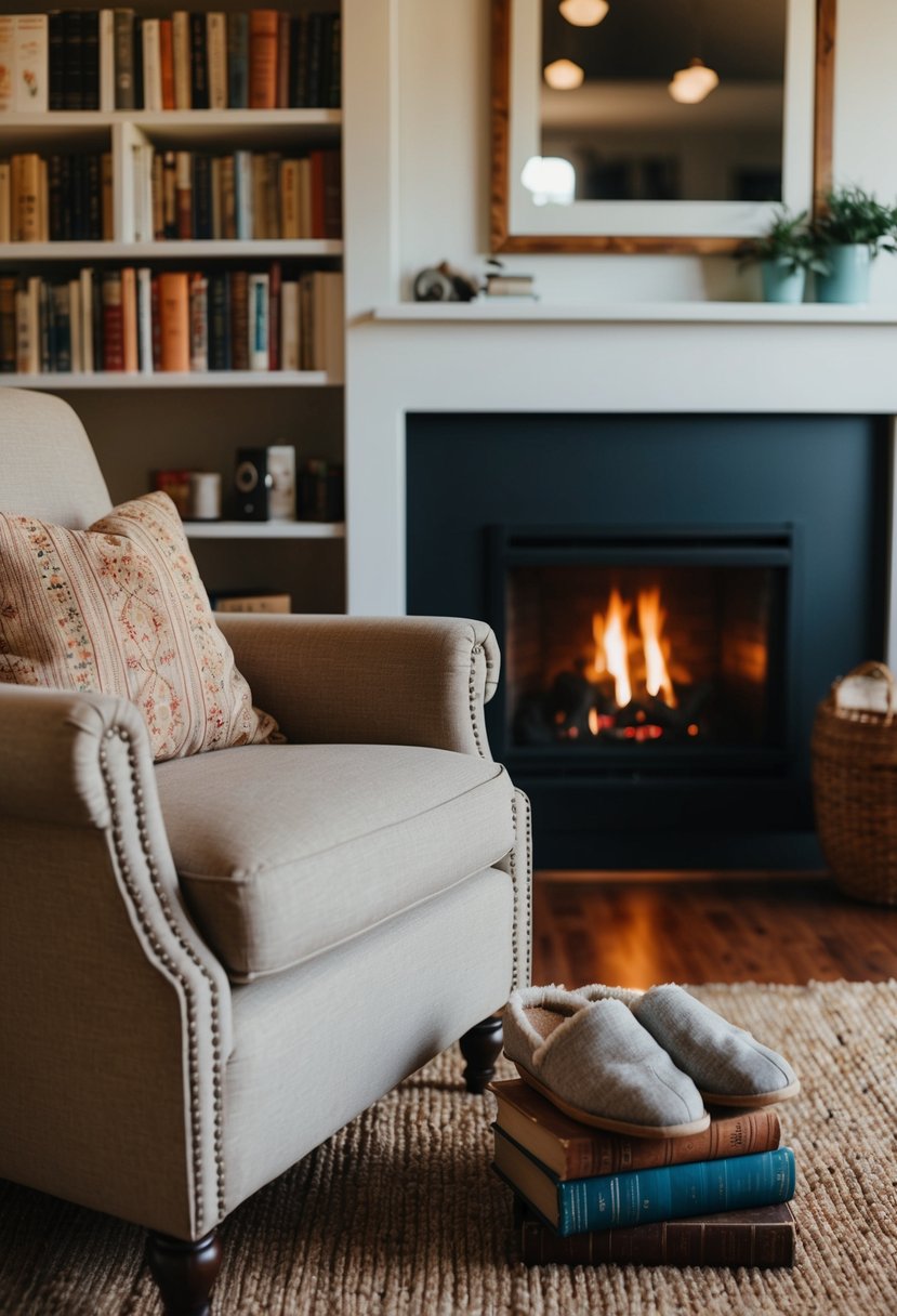 A cozy living room with a fireplace, a stack of books, and a pair of worn-in slippers next to a well-loved armchair