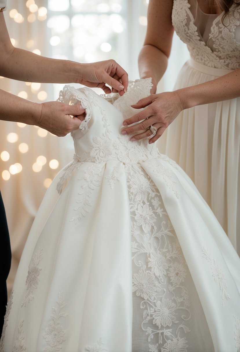 A wedding dress being repurposed into a christening gown, with delicate lace and intricate embroidery being carefully altered and transformed