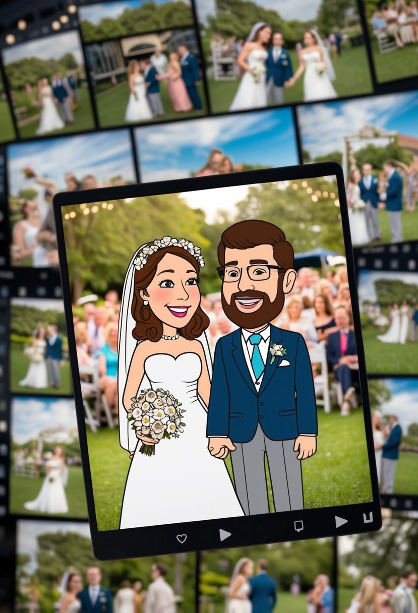 A cartoon couple's wedding photos come to life with quirky and funny moments, creating a lively and entertaining slideshow