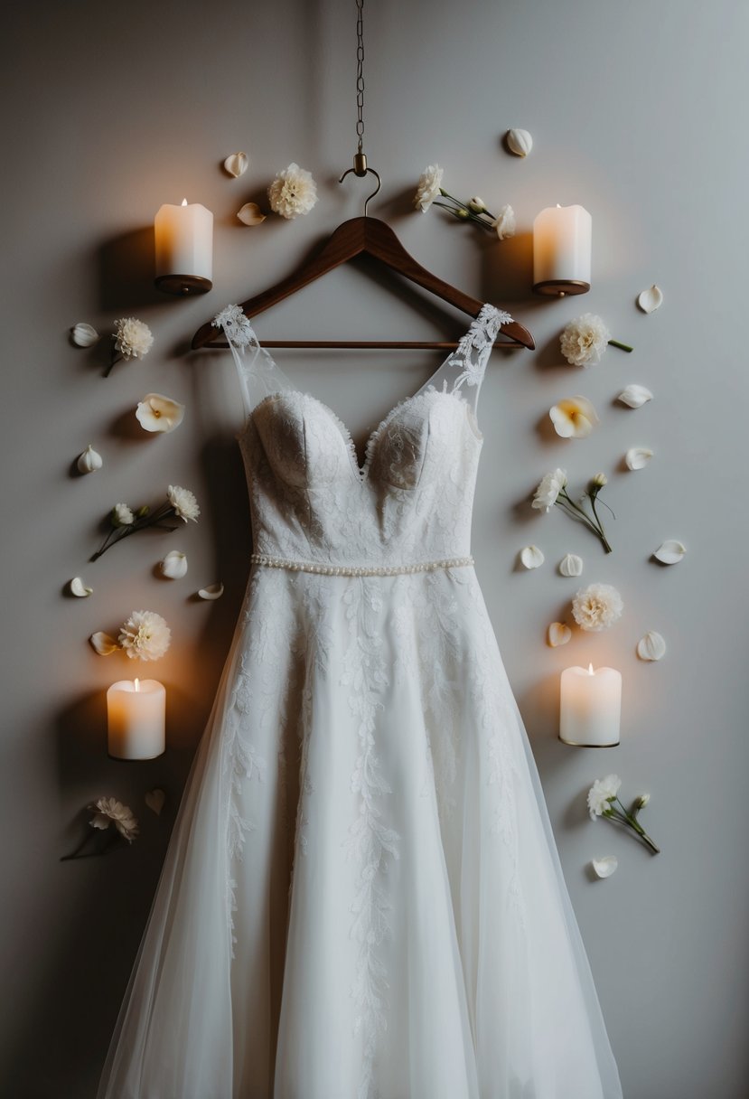 A wedding dress hanging on a rustic wooden hanger, surrounded by delicate flower petals and soft candlelight