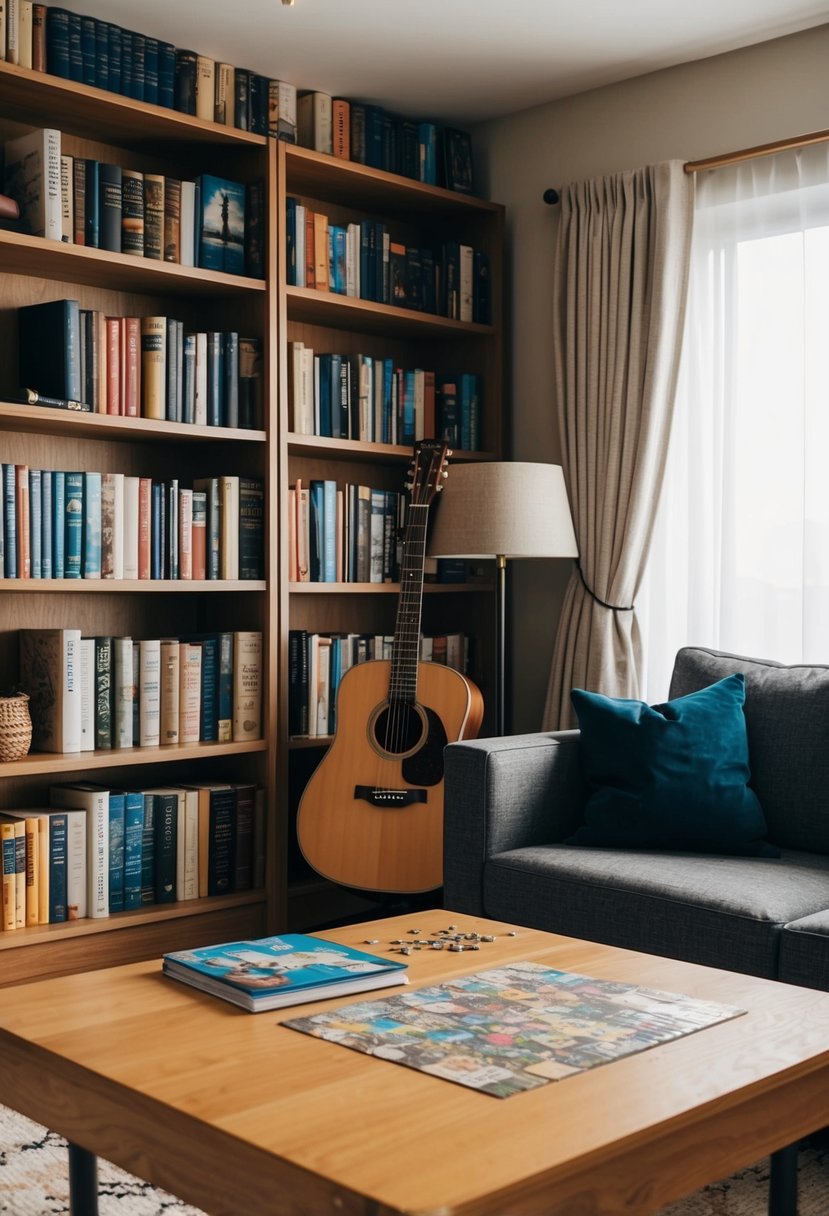 A cozy living room with a bookshelf filled with travel books, a guitar resting in the corner, and a puzzle half-completed on the coffee table