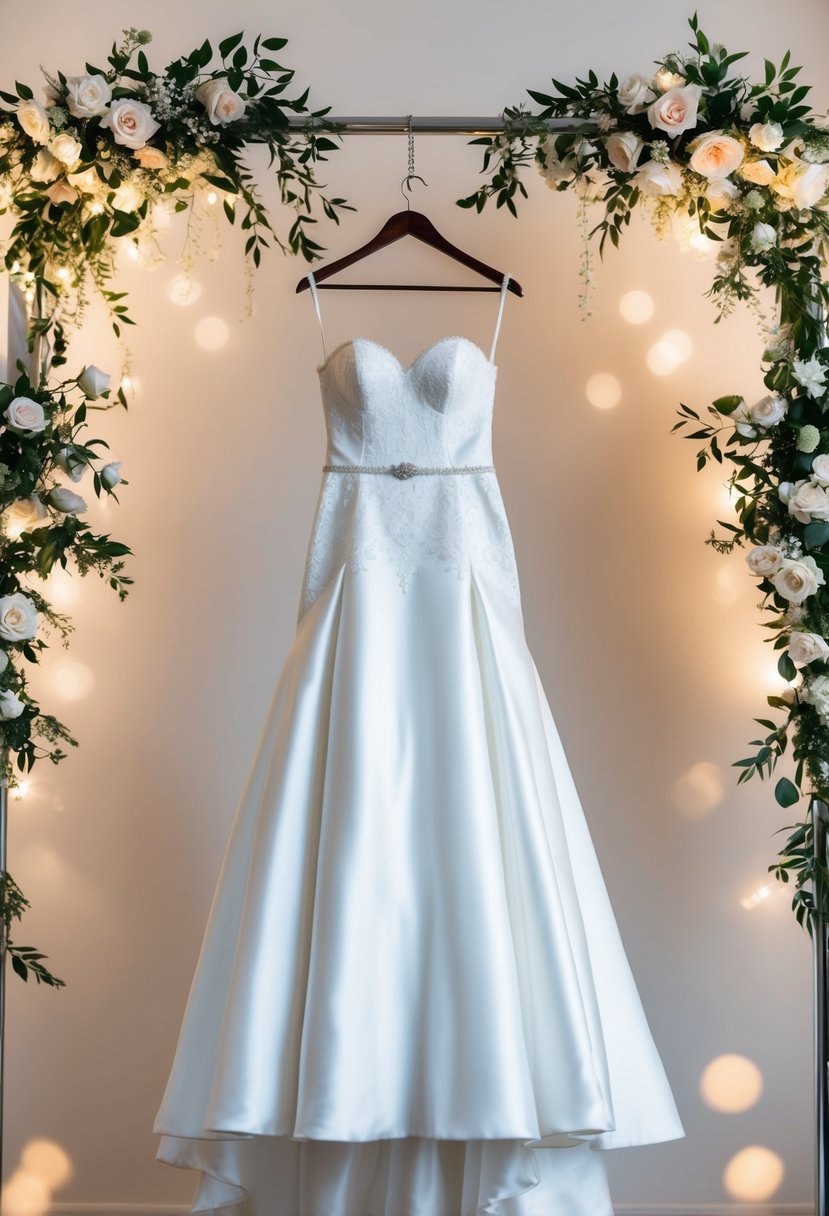 A wedding dress hanging on a sleek hanger, surrounded by soft lighting and delicate floral accents