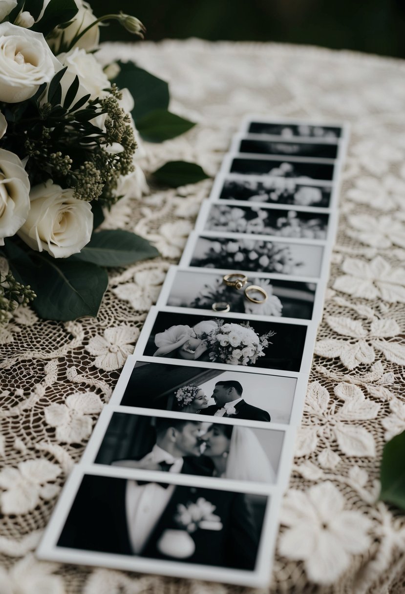 A vintage wedding slideshow with black-and-white photos of flowers, rings, and ornate decor on a lace tablecloth