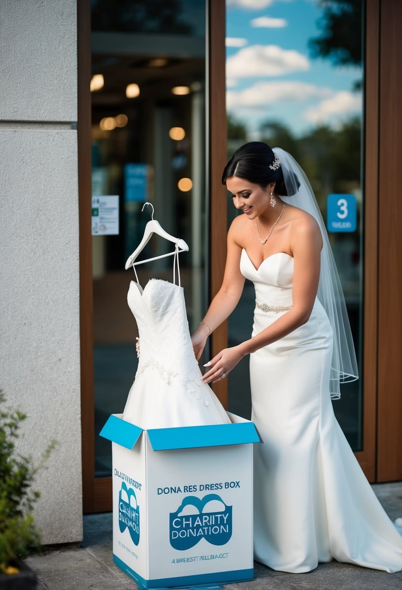 A bride placing her wedding dress into a donation box outside a charity organization