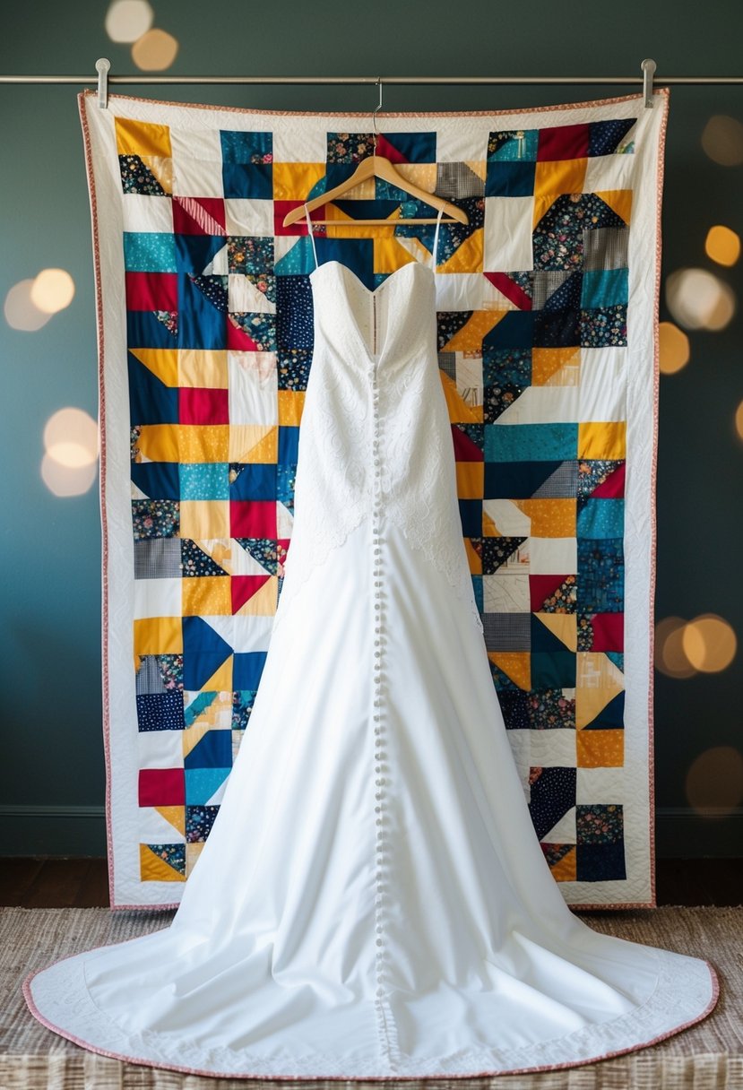 A wedding dress being transformed into a quilt, with fabric pieces arranged in a unique and artistic pattern