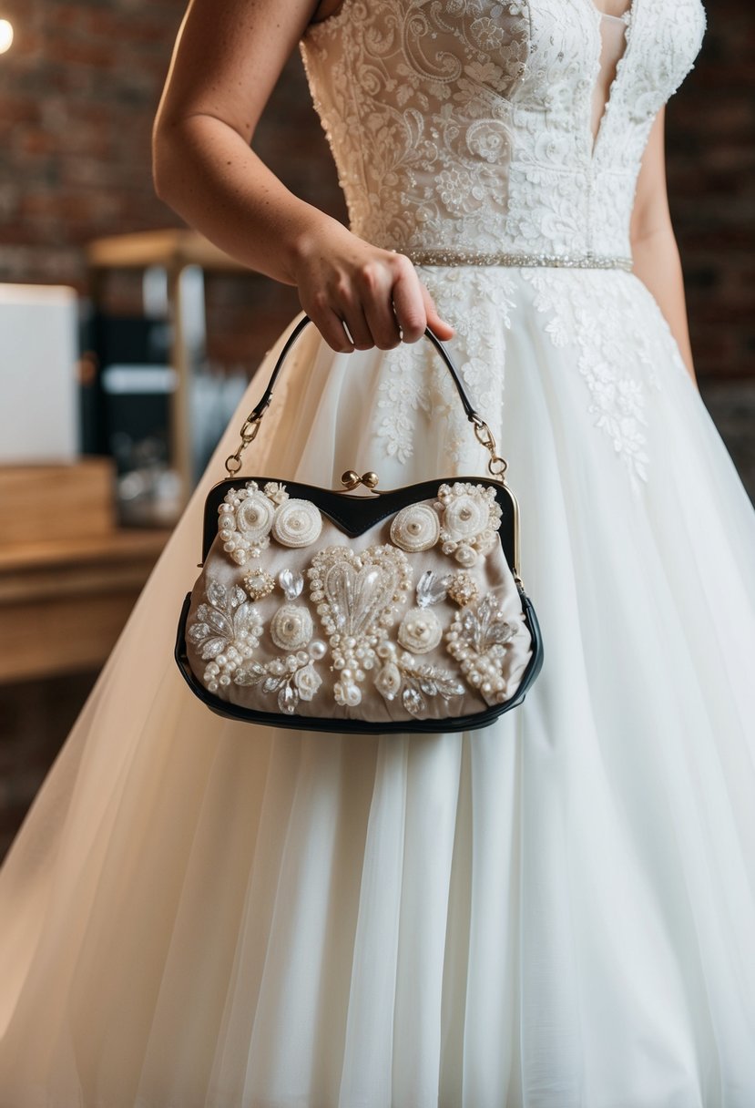 A wedding dress being repurposed into a custom purse design