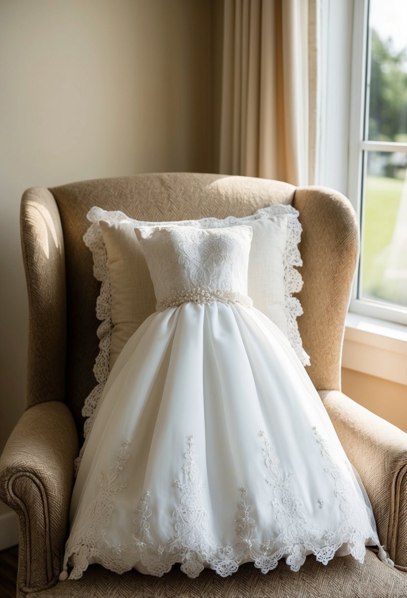 A wedding dress being transformed into a decorative pillow, adorned with lace and embroidery, displayed on a cozy armchair in a sunlit room