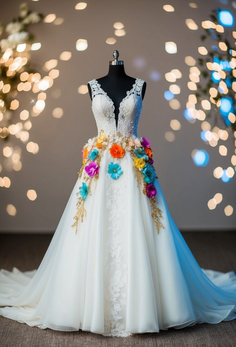 A flowing white gown adorned with colorful floral accents, sparkles, and intricate lace details