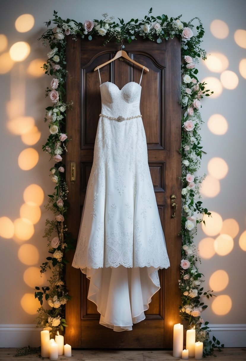 A wedding dress hanging on a vintage wooden door, surrounded by delicate floral arrangements and soft, romantic lighting