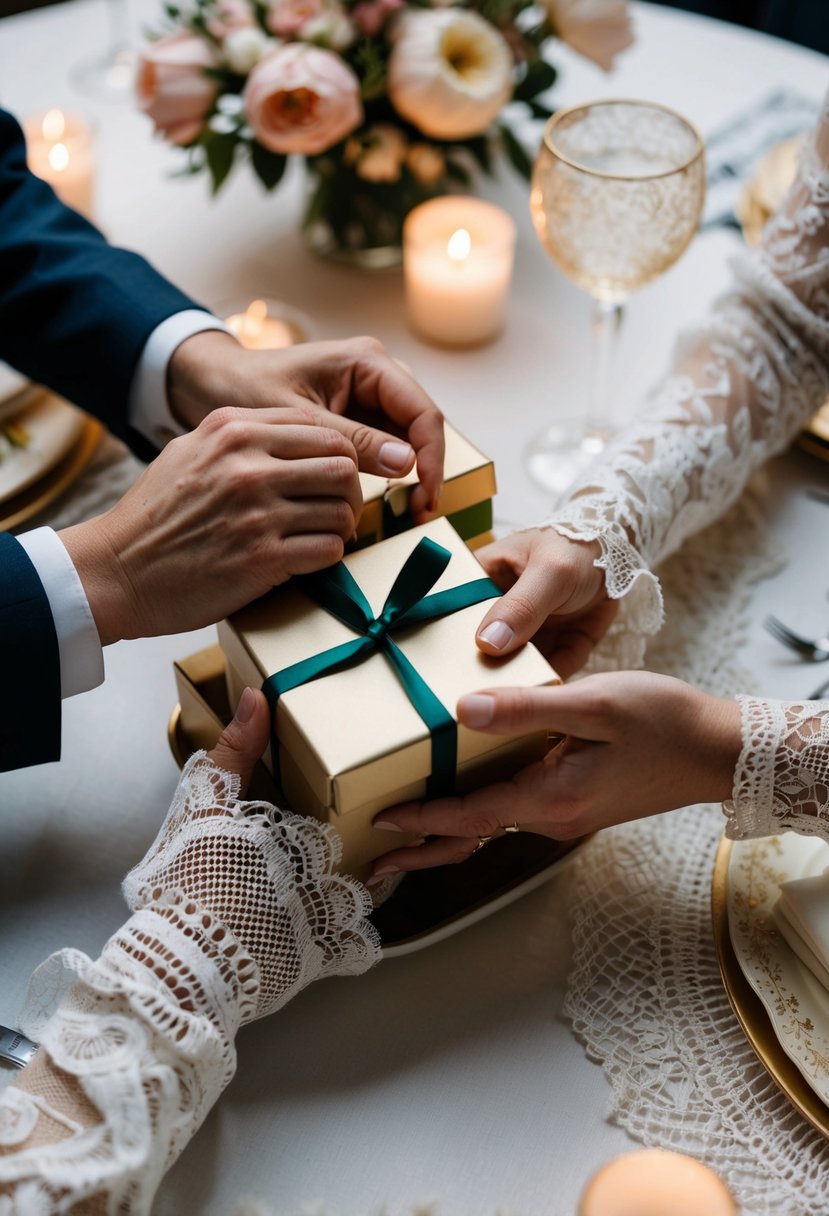 A couple's hands exchanging gifts, surrounded by traditional lace and modern textiles, with a background of delicate flowers and a romantic candlelit dinner