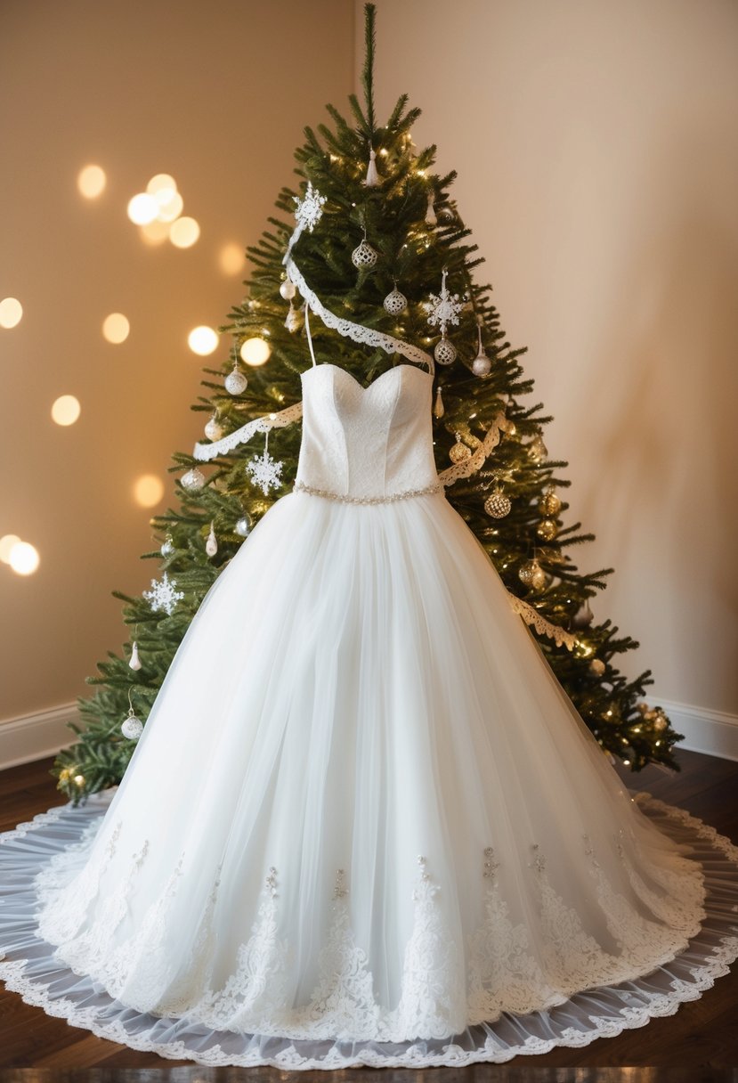 A wedding dress transformed into a Christmas tree skirt, adorned with lace and embellishments