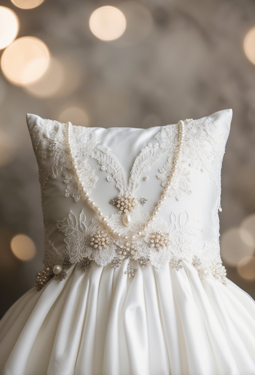 A wedding dress transformed into a pillow cover, adorned with lace, pearls, and delicate embroidery