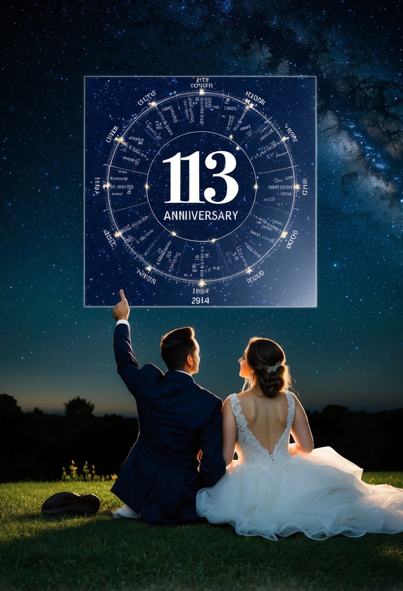 A couple sitting under a starry night sky, pointing to a customized star map depicting the date of their 13th wedding anniversary