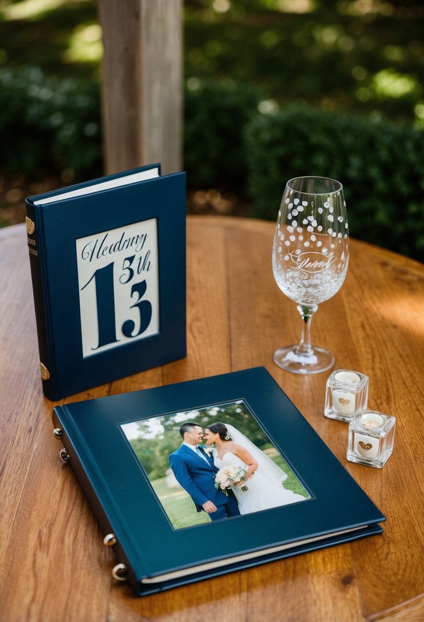 A couple's wedding photo album with 13th anniversary decorations on a wooden table