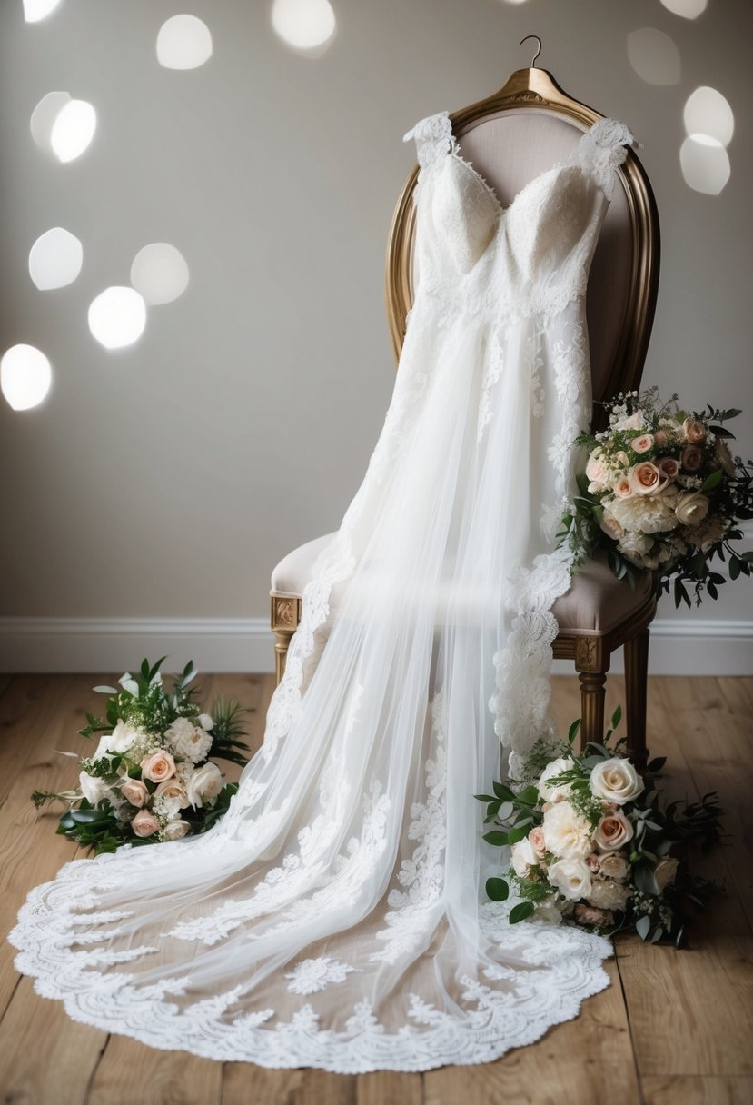 A delicate lace wedding dress draped over a vintage chair, surrounded by elegant bridal accessories and a bouquet of flowers