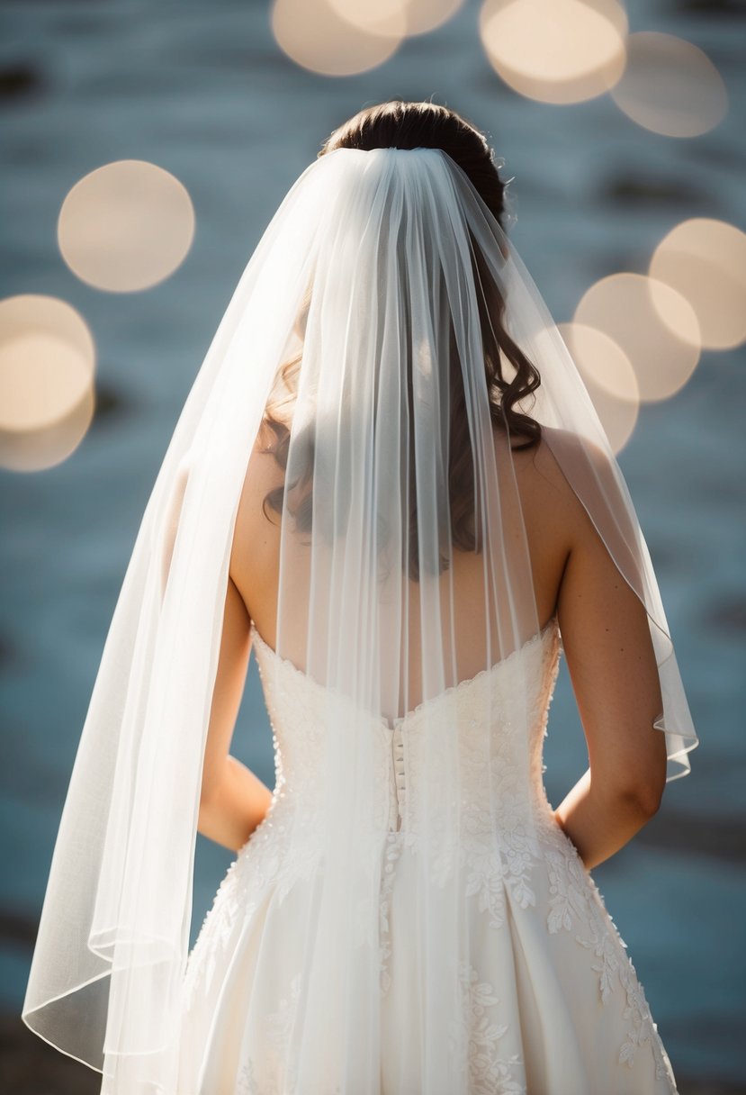 A flowing veil cascades from the back of a wedding dress, catching the light and creating an ethereal and romantic atmosphere