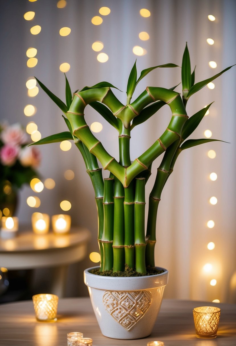 A heart-shaped bamboo plant sits in a decorative pot, surrounded by soft lighting and romantic decor, making it a perfect 13th wedding anniversary gift