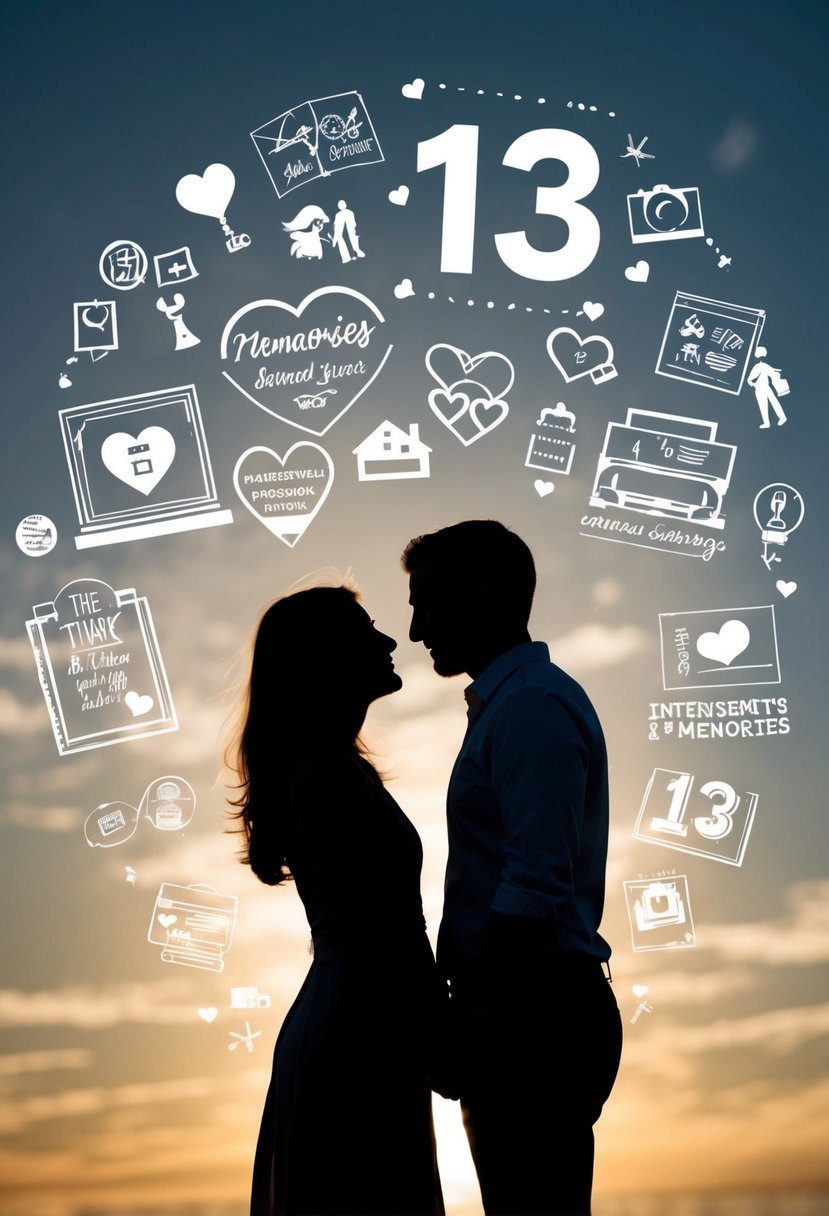 A couple's silhouette surrounded by symbols of their shared interests and memories, with the number 13 prominently featured