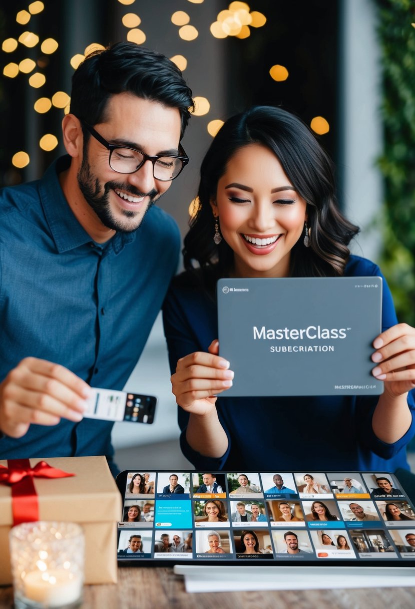 A couple celebrating their 13th wedding anniversary receives a MasterClass subscription as a gift. They are excitedly exploring the variety of classes available online