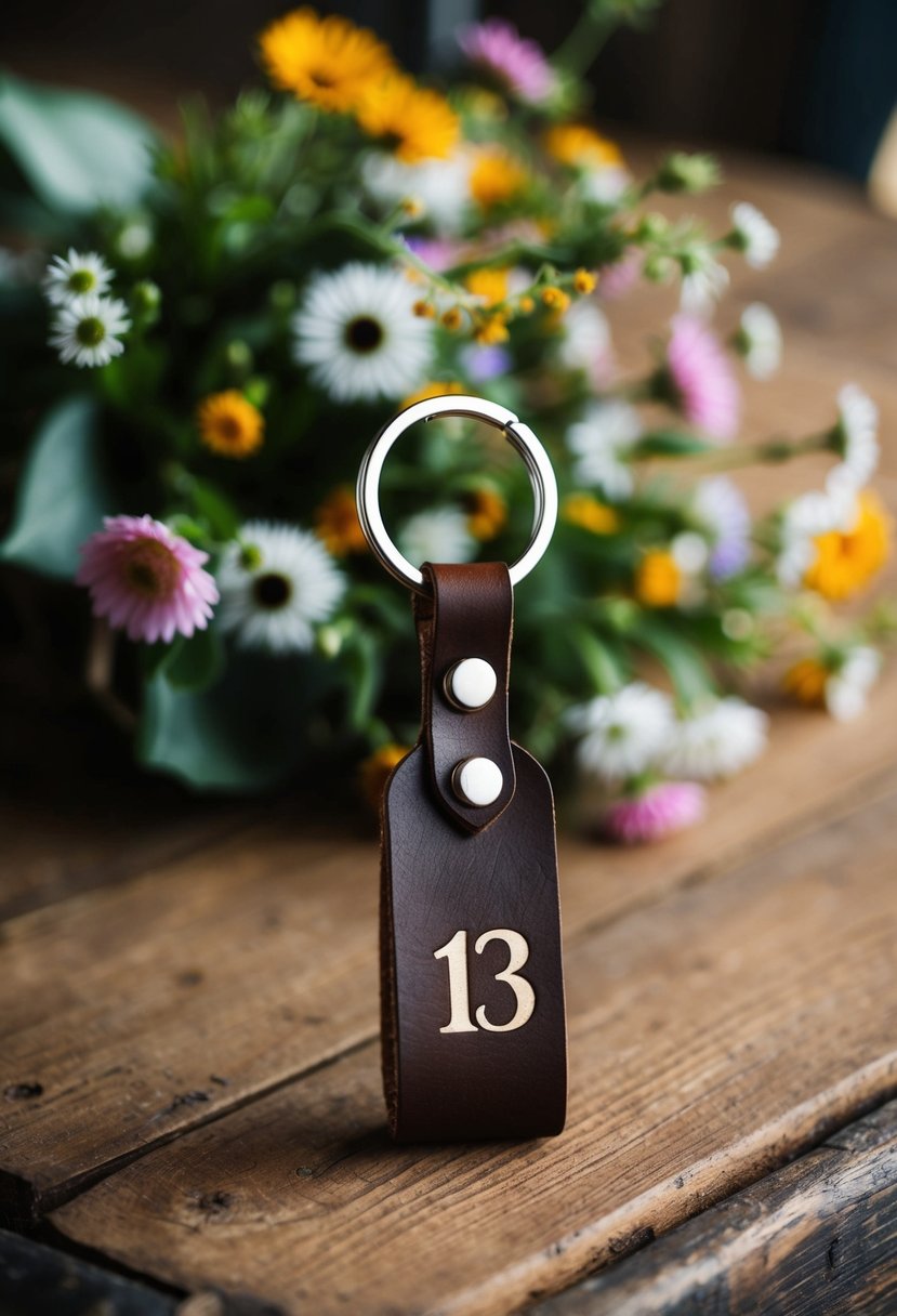 A leather keychain with the initials "13" and "A" hangs from a rustic wooden table, surrounded by a bouquet of wildflowers