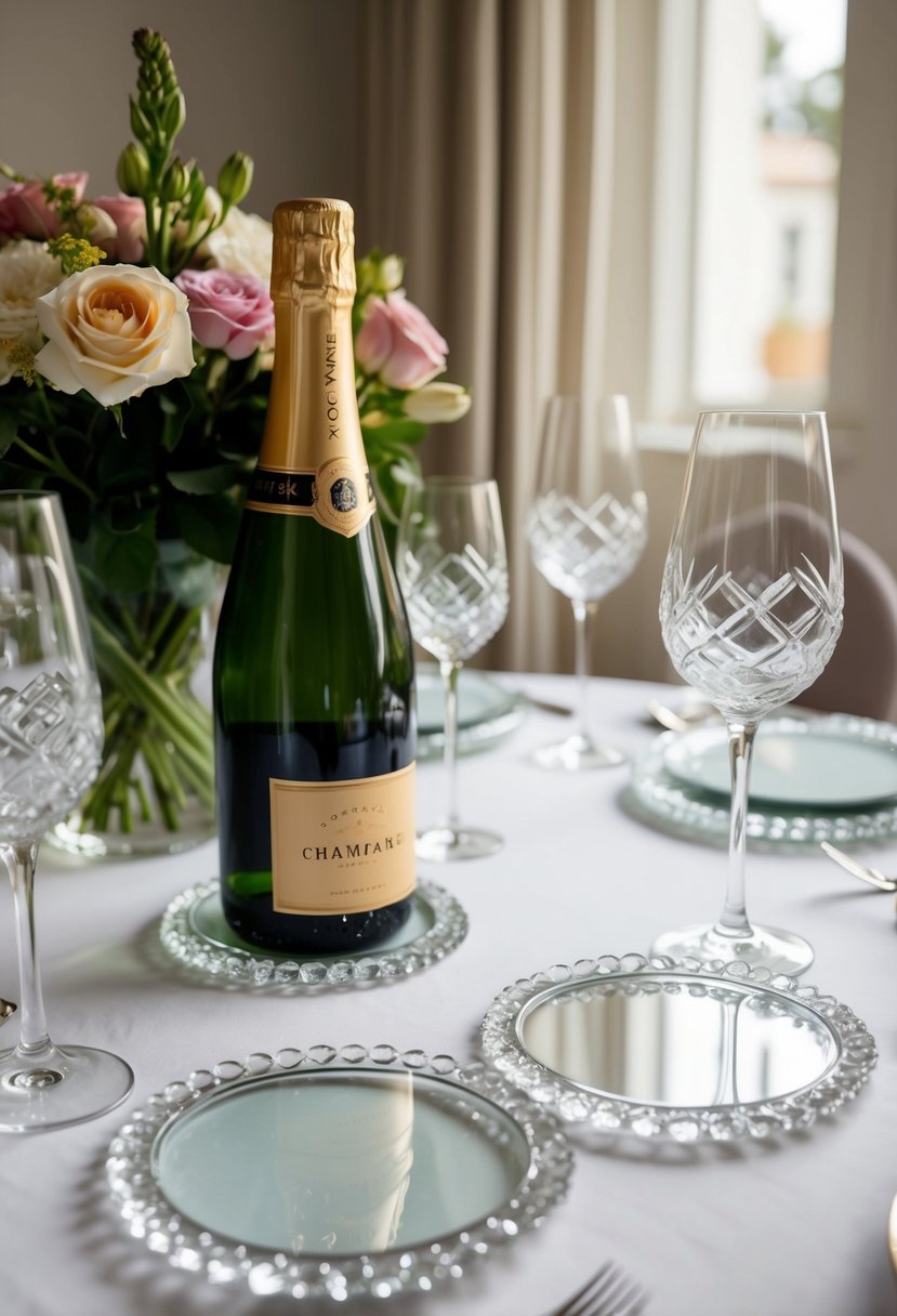 A beautifully set dining table with crystal coasters, a bouquet of flowers, and a bottle of champagne