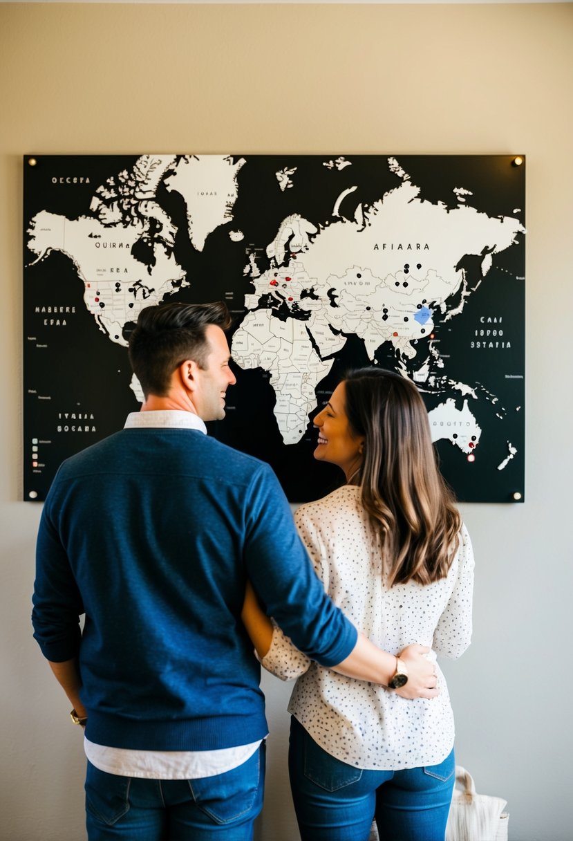 A couple's personalized travel map displayed on a wall, marked with locations they've visited over 13 years