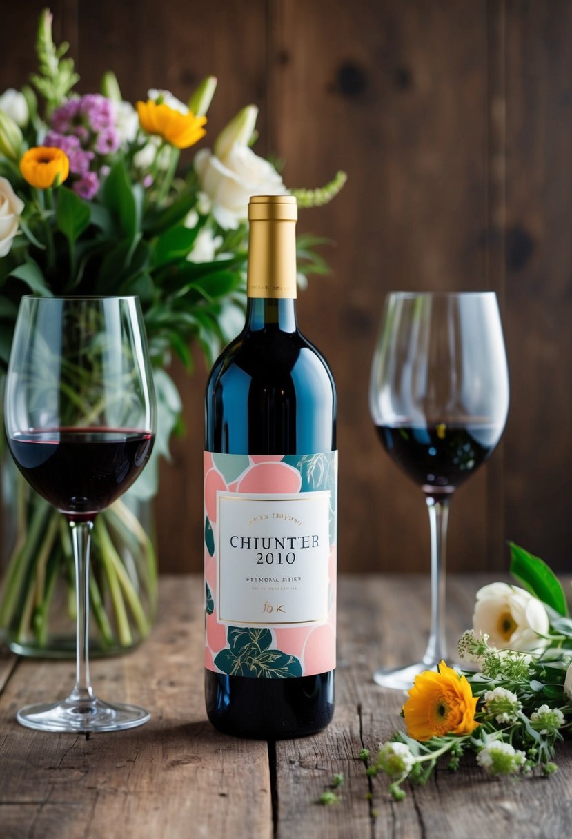 A beautifully wrapped bottle of wine with a customized label sits on a rustic wooden table, surrounded by two elegant wine glasses and a bouquet of fresh flowers