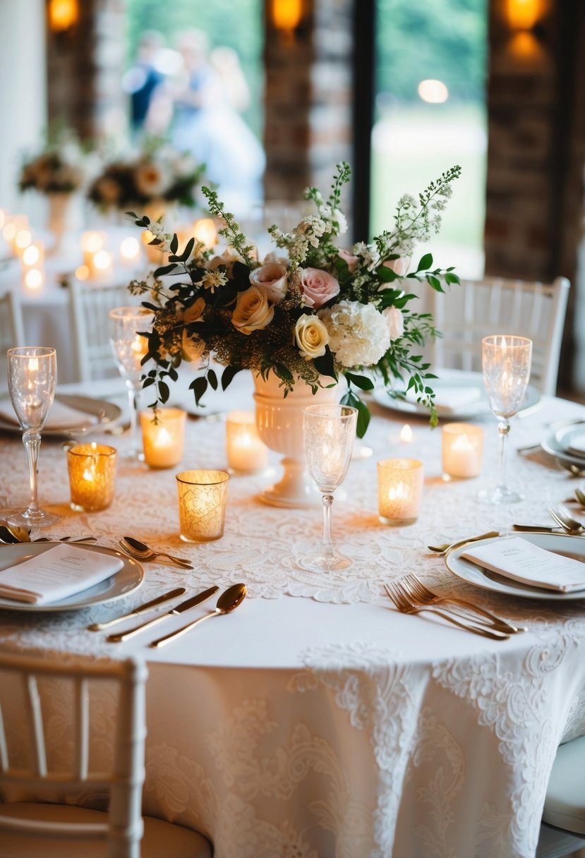 A table set for a wedding with a white lace tablecloth, adorned with delicate floral centerpieces and twinkling candlelight