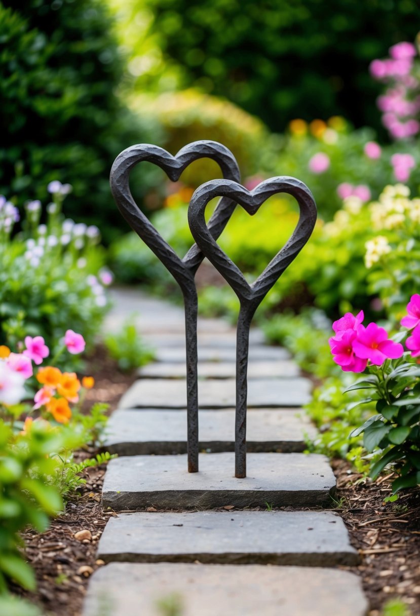 A small garden with a stone pathway leading to a pair of intertwined iron hearts sculpture, surrounded by blooming flowers and lush greenery