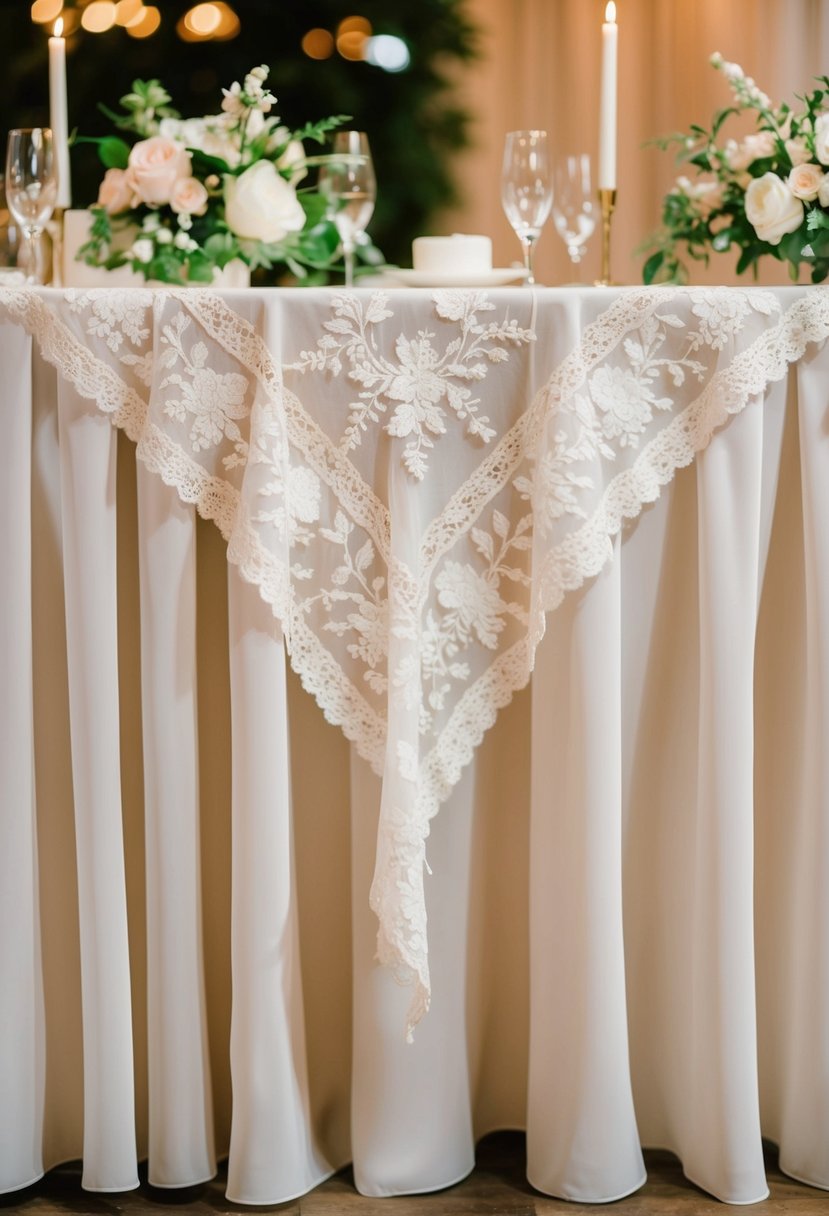 A vintage-inspired chiffon tablecloth drapes elegantly over a wedding reception table, adorned with delicate lace and floral details