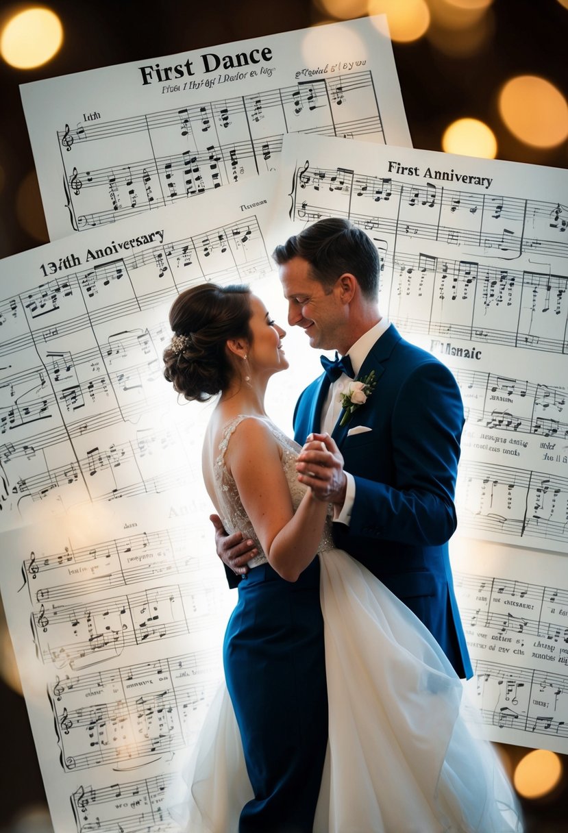 A couple's first dance, surrounded by sheet music from their wedding day, with a romantic ambiance for their 13th anniversary